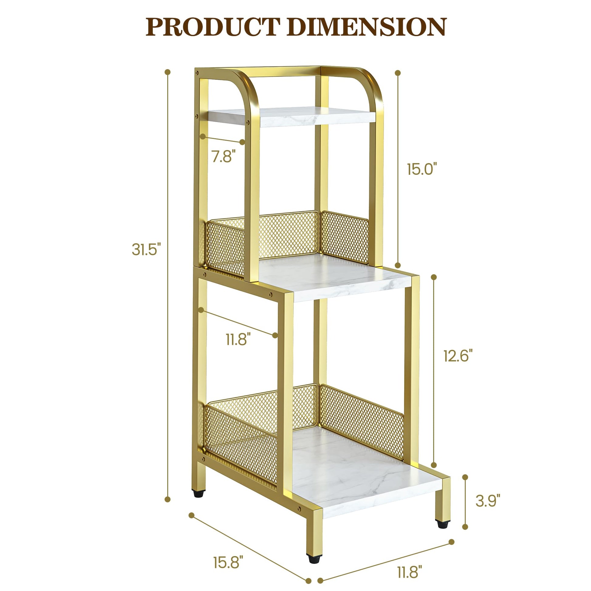 Étagère à 3 niveaux Garvee Small, étagère échelle dorée, structure métallique robuste, blanc marbré, salon, bureau, chambre