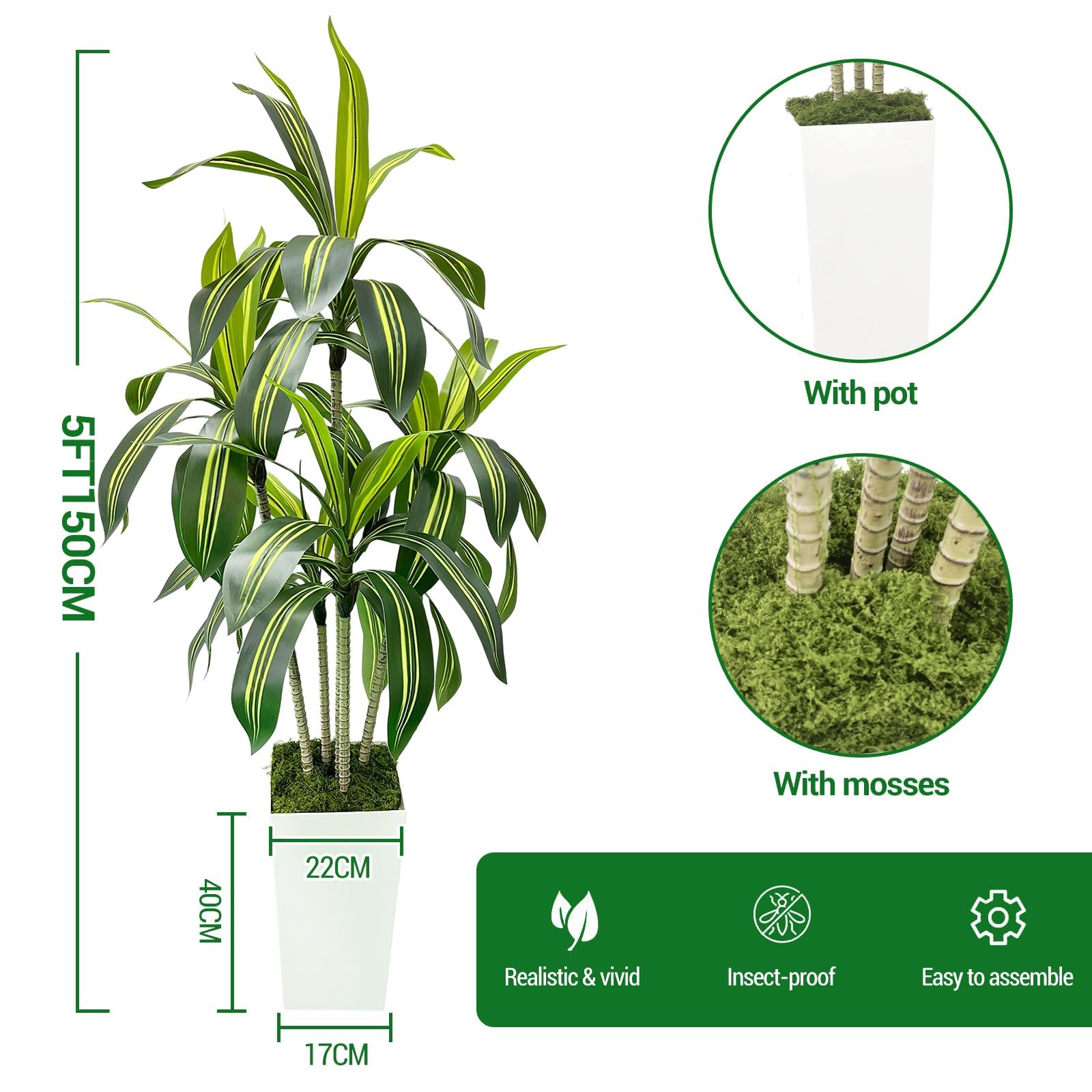 Arbre dragon artificiel Garvee 150 cm avec pot de fleurs blanc pour salon, balcon ou bureau, décoration tropicale verte