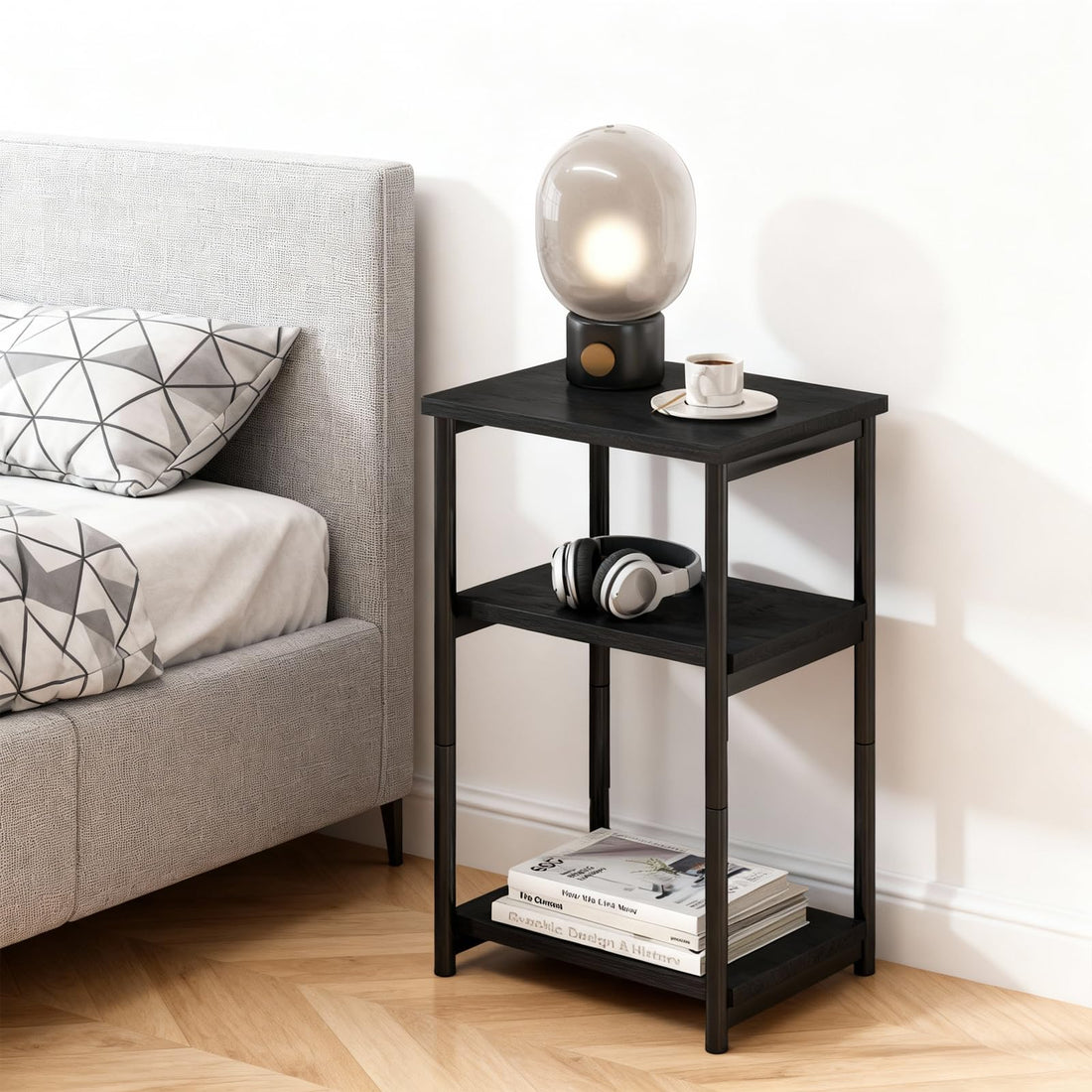 Garvee table d'appoint à 3 niveaux avec structure en métal pour le salon et la chambre, design rustique, structure robuste en acier, noire