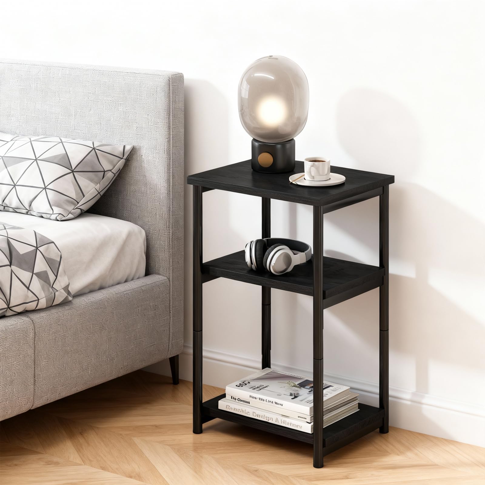 Table d'appoint Garvee à 3 niveaux avec structure en métal pour salon et chambre, design rustique, structure robuste en acier, noire