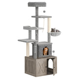 Garvee Meuble Cache Litière Chat 2-en-1 avec Arbre à Chat et Espace Litière, Design en Bois Rustique Gris, Gain de Place pour Intérieur - Gris