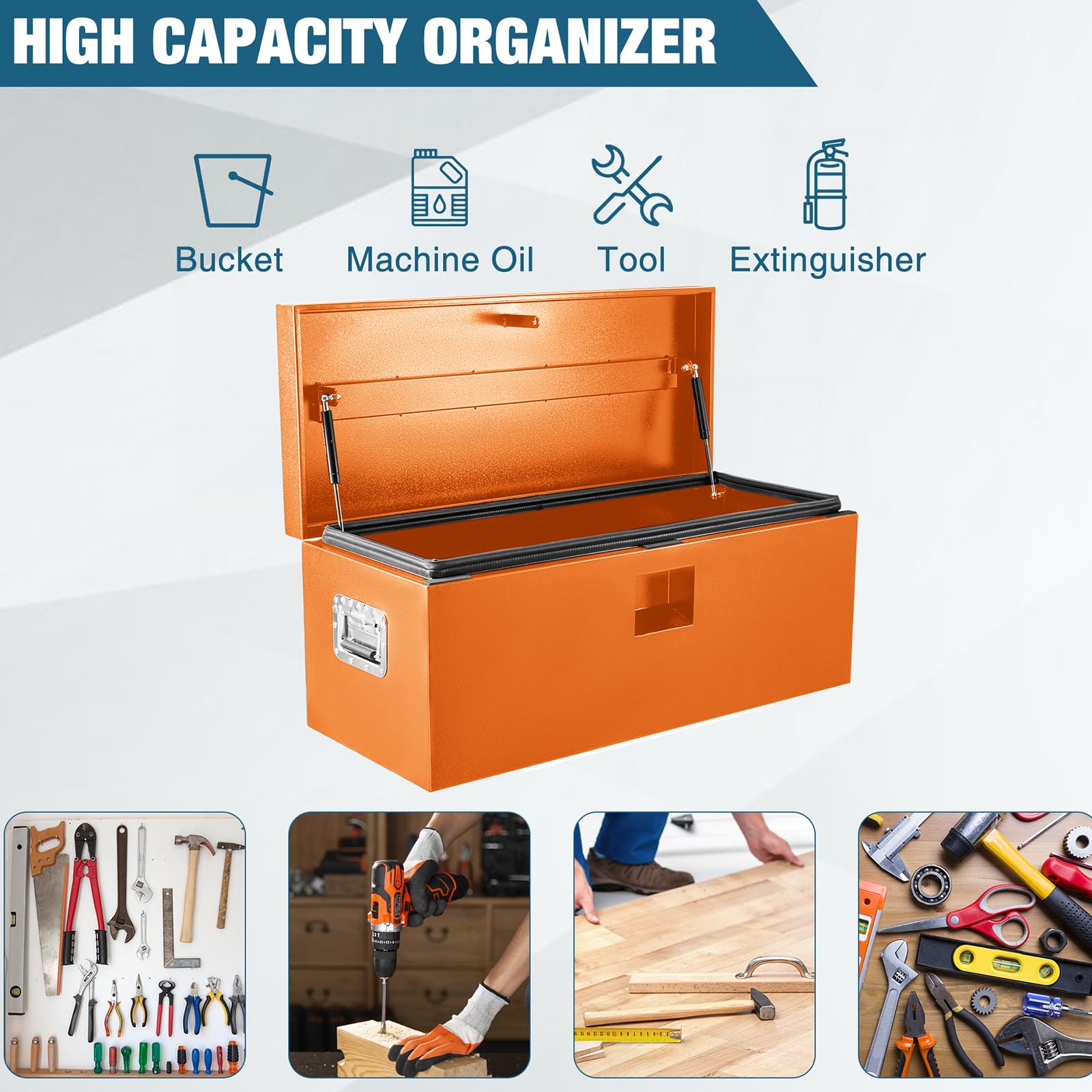 Garvee Coffre à Outils en Acier HHF env. 2,7 mm, Ouverture Rapide à une Main, Couvercle Rainuré, 38 × 38 × 76 cm, Orange
