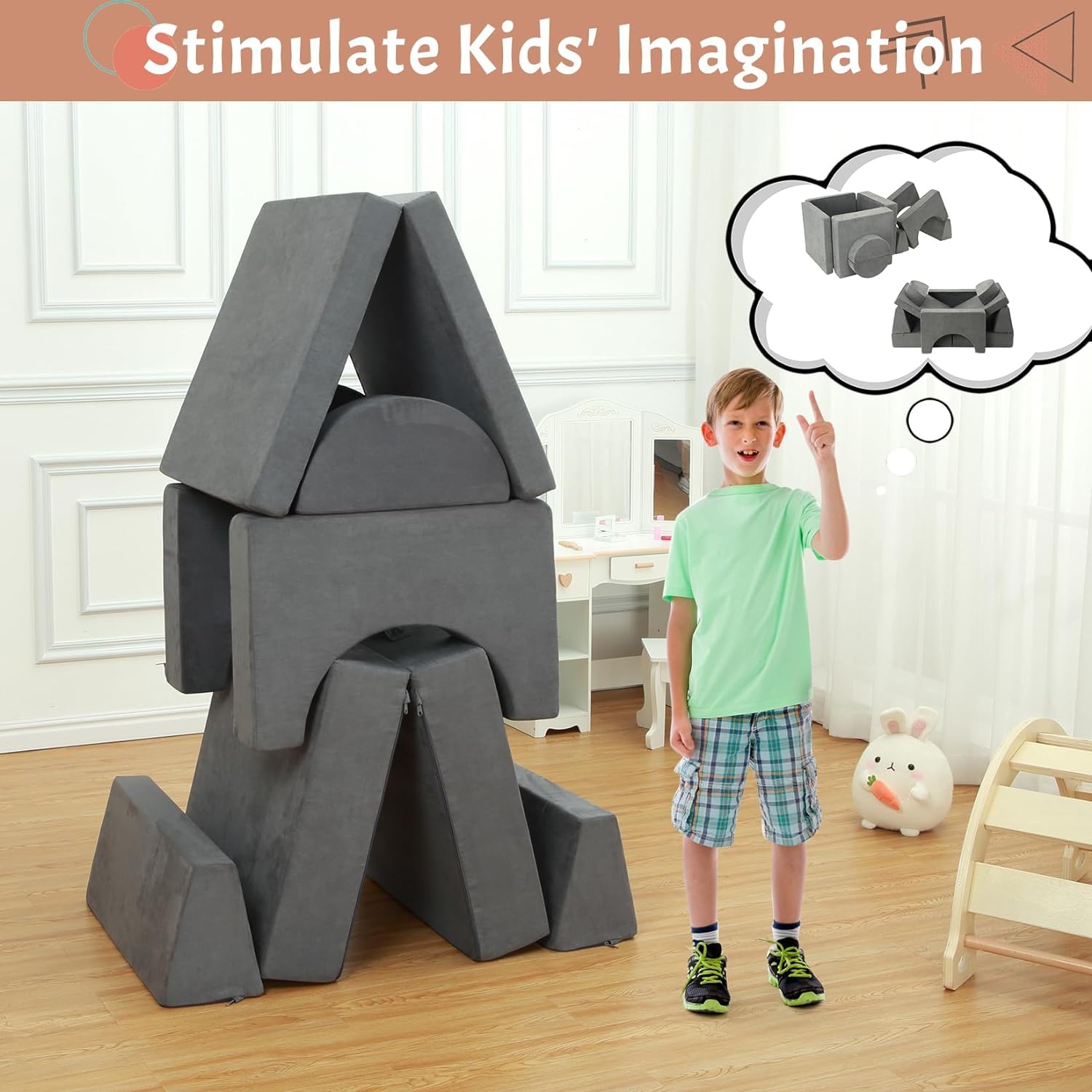 Canapé de jeu pour enfants Garvee, canapé modulaire 8 pièces, housse amovible en microfibre gris foncé, salle de jeux