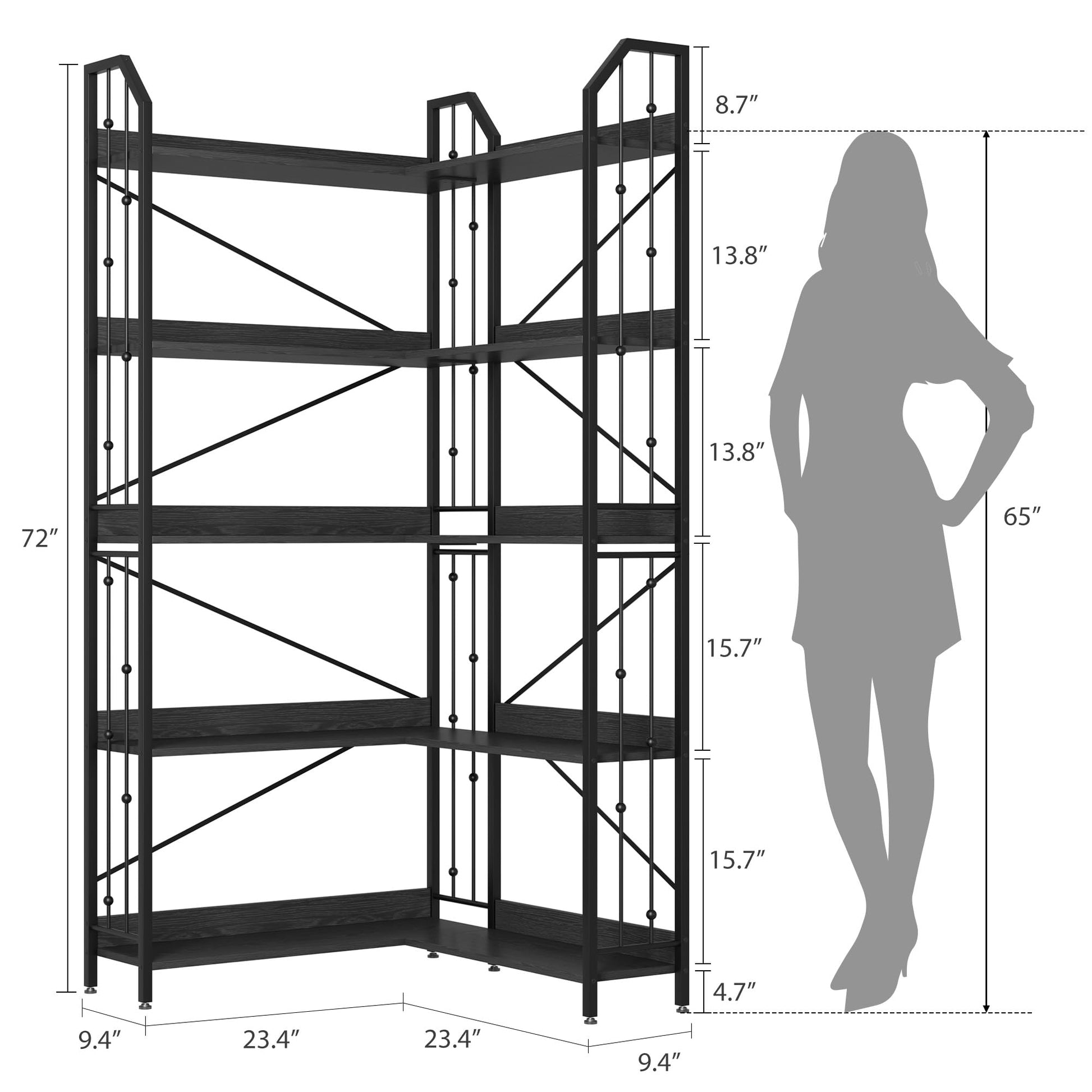 Étagère d'angle Garvee 183 cm (72 po) en forme de L, style industriel, en métal et MDF, pour salon et chambre, robuste, anti-basculement, 5 niveaux, noire
