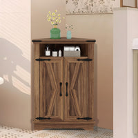 Meuble de salle de bain d'angle Garvee avec portes coulissantes de style grange, étagères réglables, MDF, grand espace de rangement, conception robuste, marron, idéal pour les petits espaces