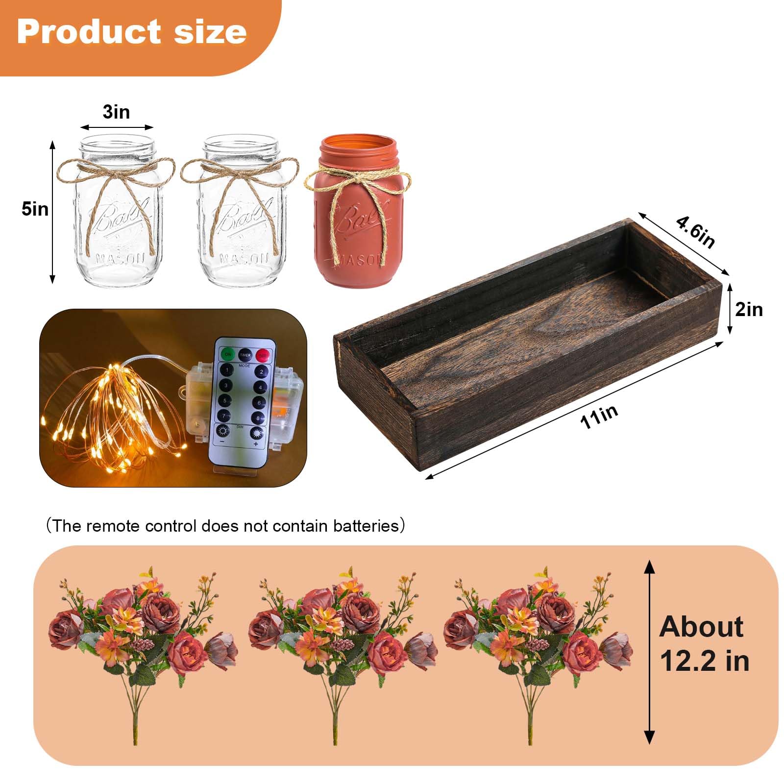 Ensemble de 3 bocaux Mason Garvee avec fleurs artificielles bleues, plateau en bois rustique et guirlande lumineuse pour la cuisine et le salon, 34,3 x 10,9 x 10,9 cm, bleu