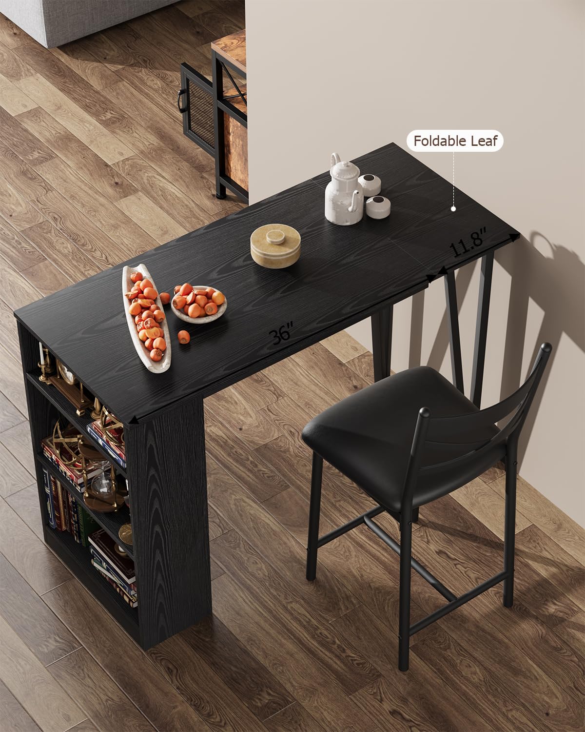 Ensemble table de bar extensible Garvee pour 2 à 4 personnes, coussins de 40 cm de large, MDF durable, espace de rangement, noir, idéal pour les petits appartements