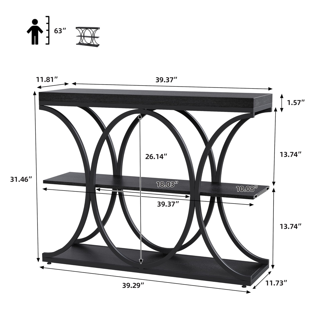 Garvee console industrielle 99 cm, 3 niveaux, avec base en métal et étagères en bois, pour l’entrée et le salon, étroite