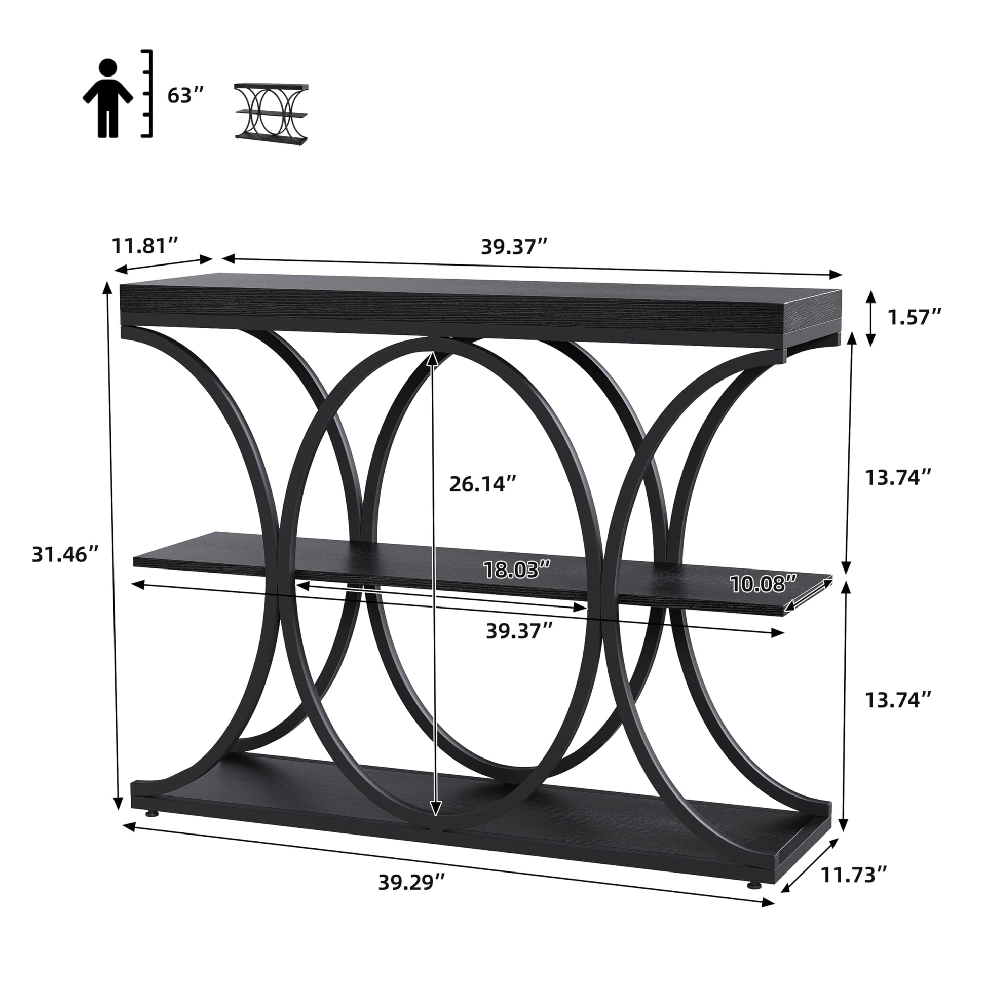 Console industrielle Garvee 39", 3 niveaux, avec base en métal et étagères en bois, pour entrée et salon, étroite, robuste et polyvalente