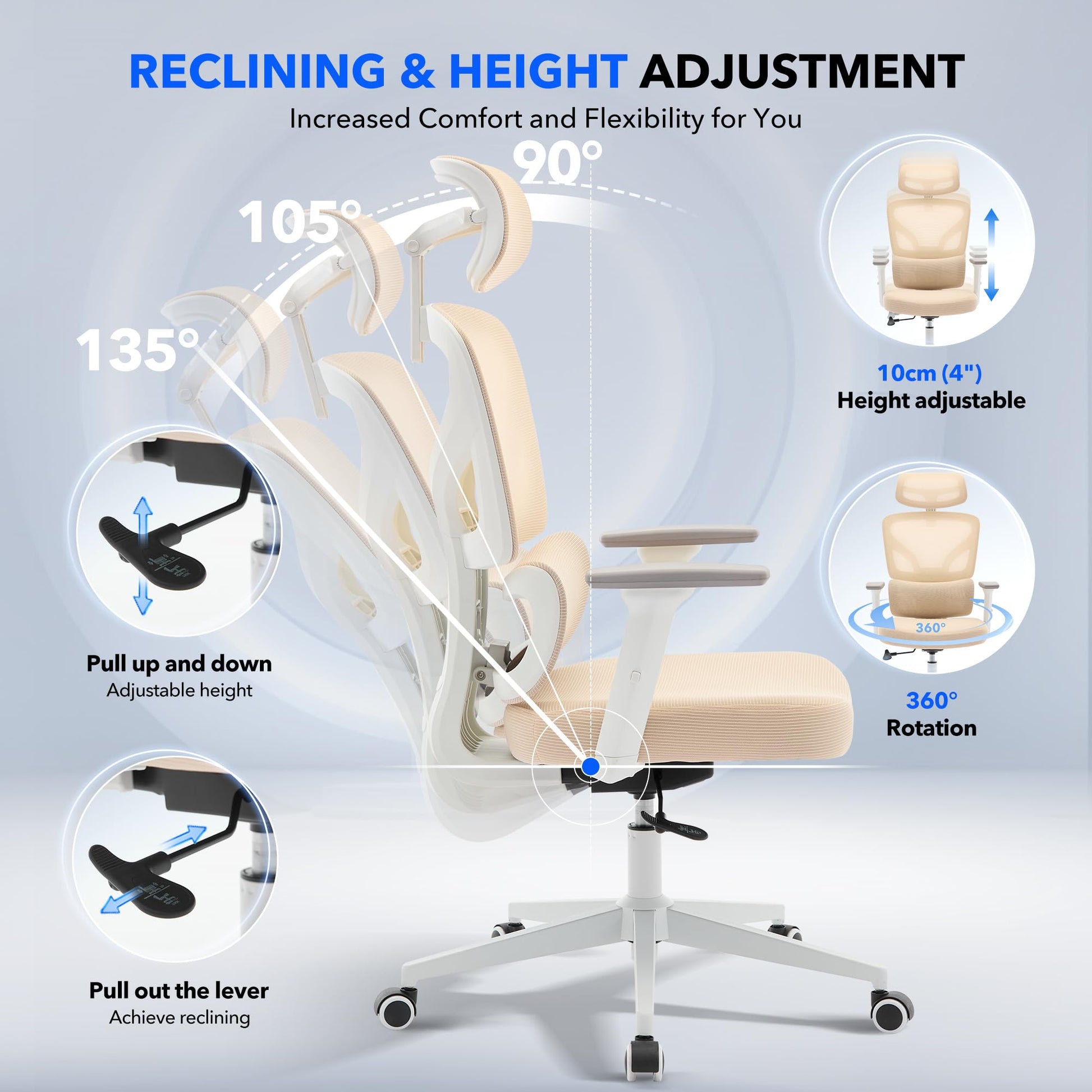 Chaise de bureau ergonomique Garvee en maille avec soutien lombaire réglable, dossier haut, accoudoirs 3D, structure en métal, pivotante, pour bureau et télétravail, noire