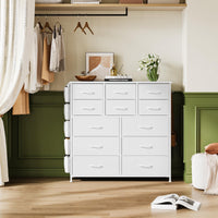 Commode Garvee blanche à 12 tiroirs en tissu avec poches latérales pour chambre et salon, robuste, légère et polyvalente