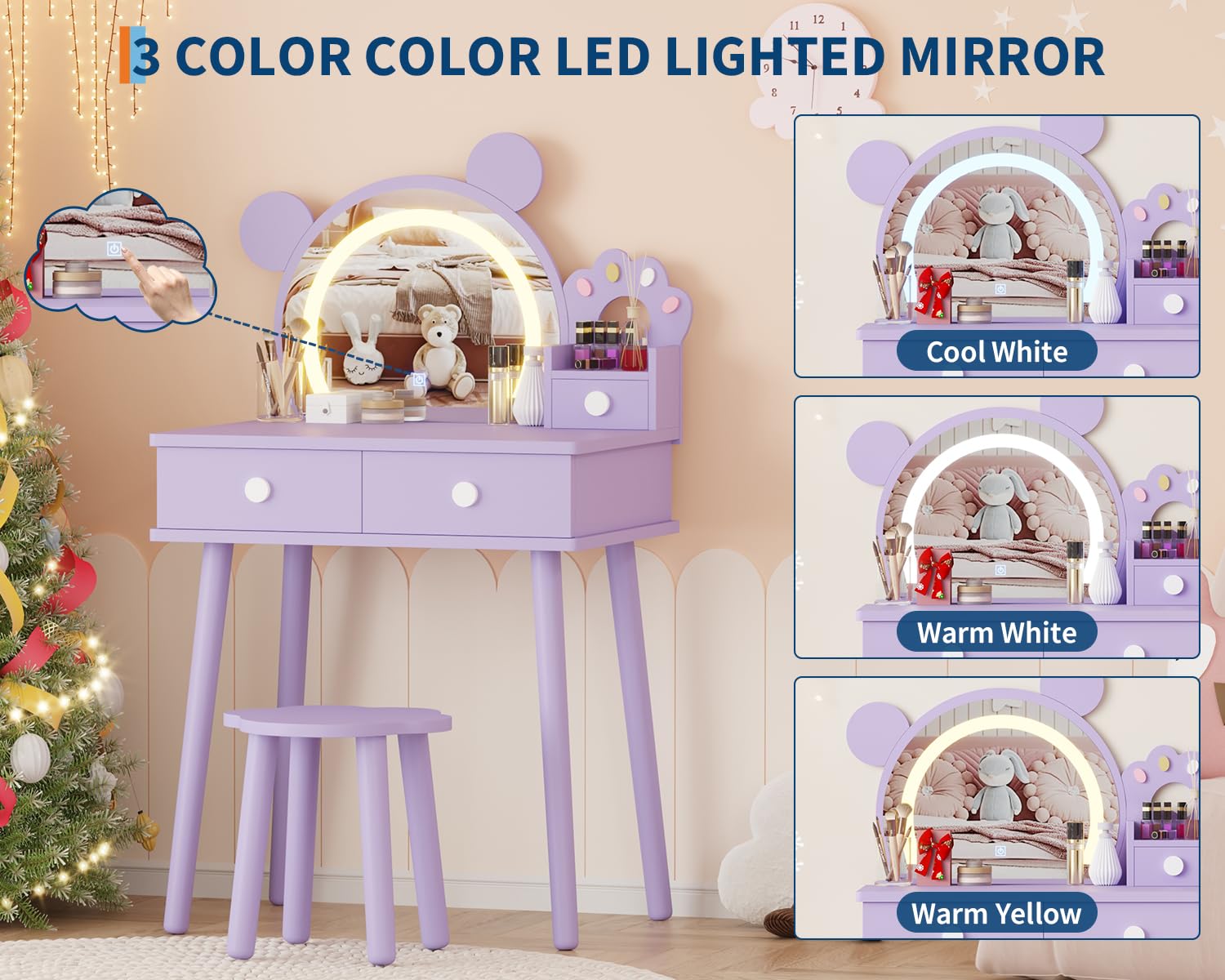 Ensemble coiffeuse pour enfants Garvee avec lumière LED, miroir ours, rangement, bois MDF, violet, pour chambre et salle de jeux
