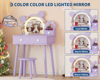 Ensemble coiffeuse pour enfants Garvee avec lumière LED, miroir ours, rangement, bois MDF, violet, pour chambre et salle de jeux