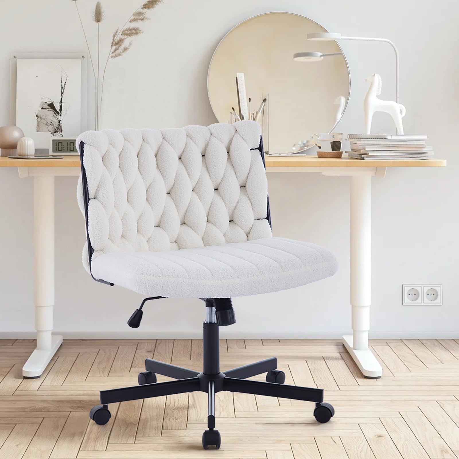 Garvee chaise de bureau criss cross à roulettes, assise large, sans accoudoirs, pivotante, structure en métal, pour ordinateur et coiffeuse, 66 cm, noire
