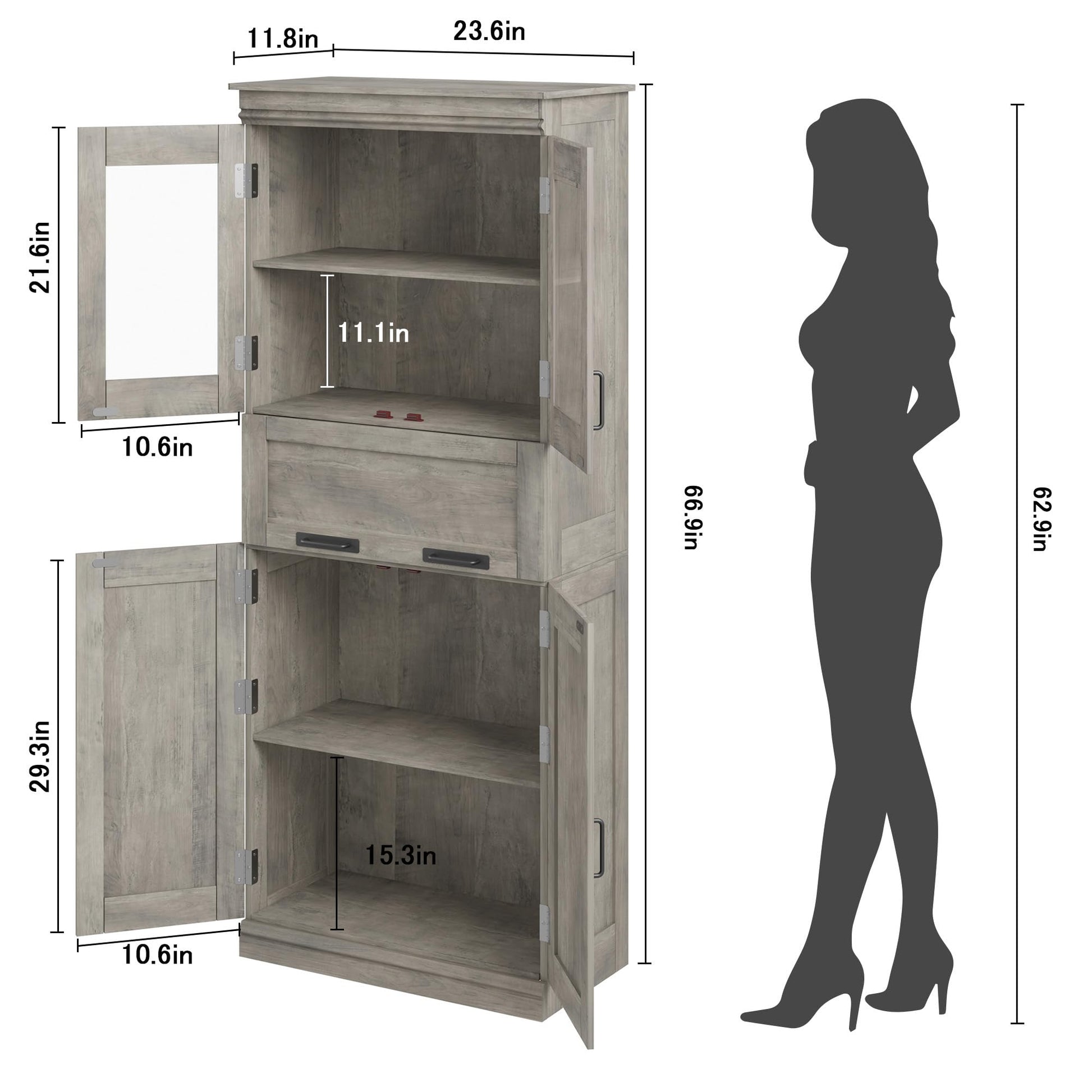 Garvee meuble de salle de bain de 170 cm de haut avec portes vitrées, étagères réglables, tiroir, MDF, autoportant, gris, pour salle de bain et salon