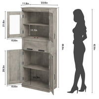Garvee meuble de salle de bain de 170 cm de haut avec portes vitrées, étagères réglables, tiroir, MDF, autoportant, gris, pour salle de bain et salon