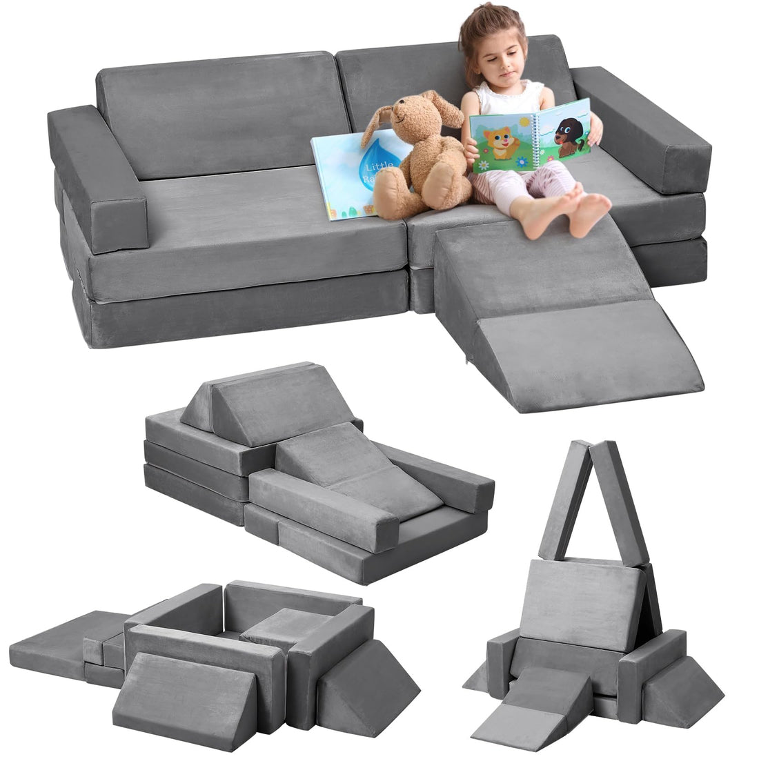 Ensemble de canapé modulable Garvee pour enfants, 12 pièces, avec piscine à balles pour salle de jeux, 120 x 60 x 28 cm, gris