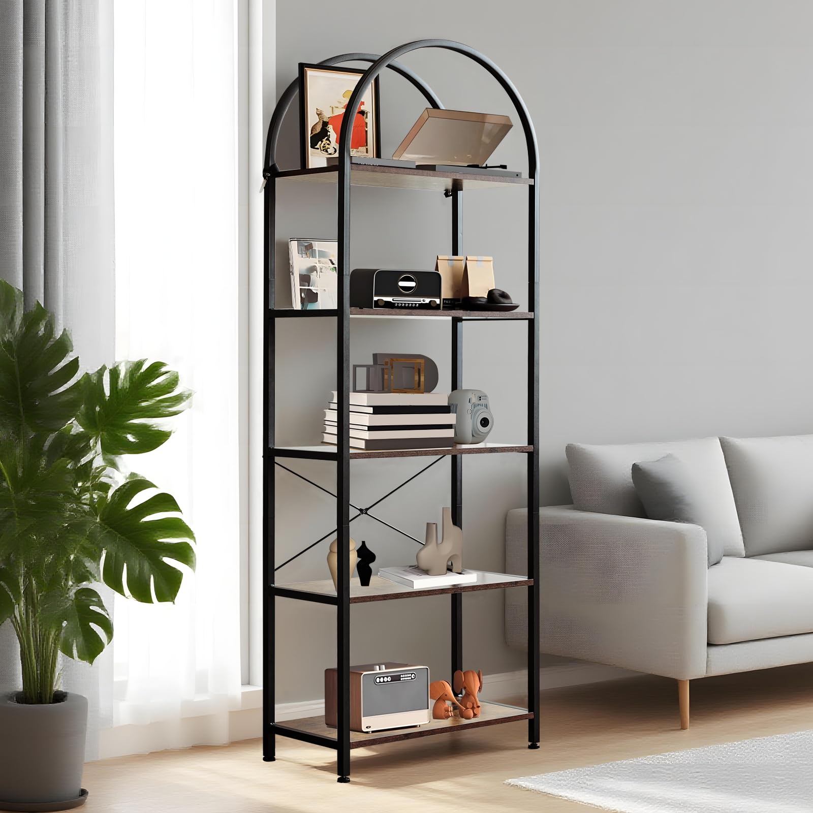 Garvee Bibliothèque à 5 niveaux avec arche, structure métallique robuste, grandes étagères en bois pour salon et bureau, 180×60×28cm, noir moderne
