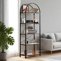 Garvee Bibliothèque à 5 niveaux avec arche, structure métallique robuste, grandes étagères en bois pour salon et bureau, 180×60×28cm, noir moderne