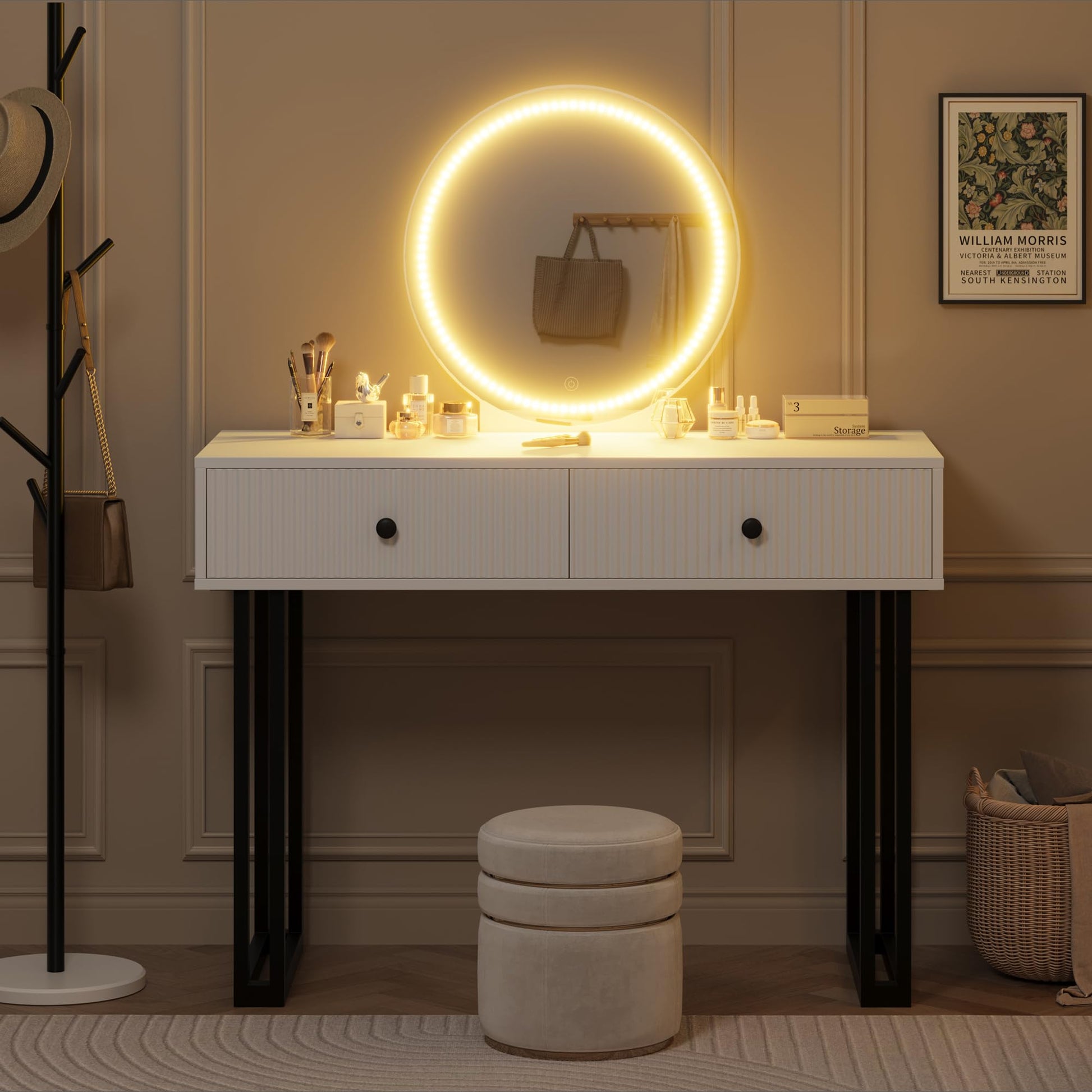 Garvee Coiffeuse avec miroir et éclairage LED 3 couleurs, luminosité réglable, 2 tiroirs, plateau en MDF blanc, design moderne, chambre