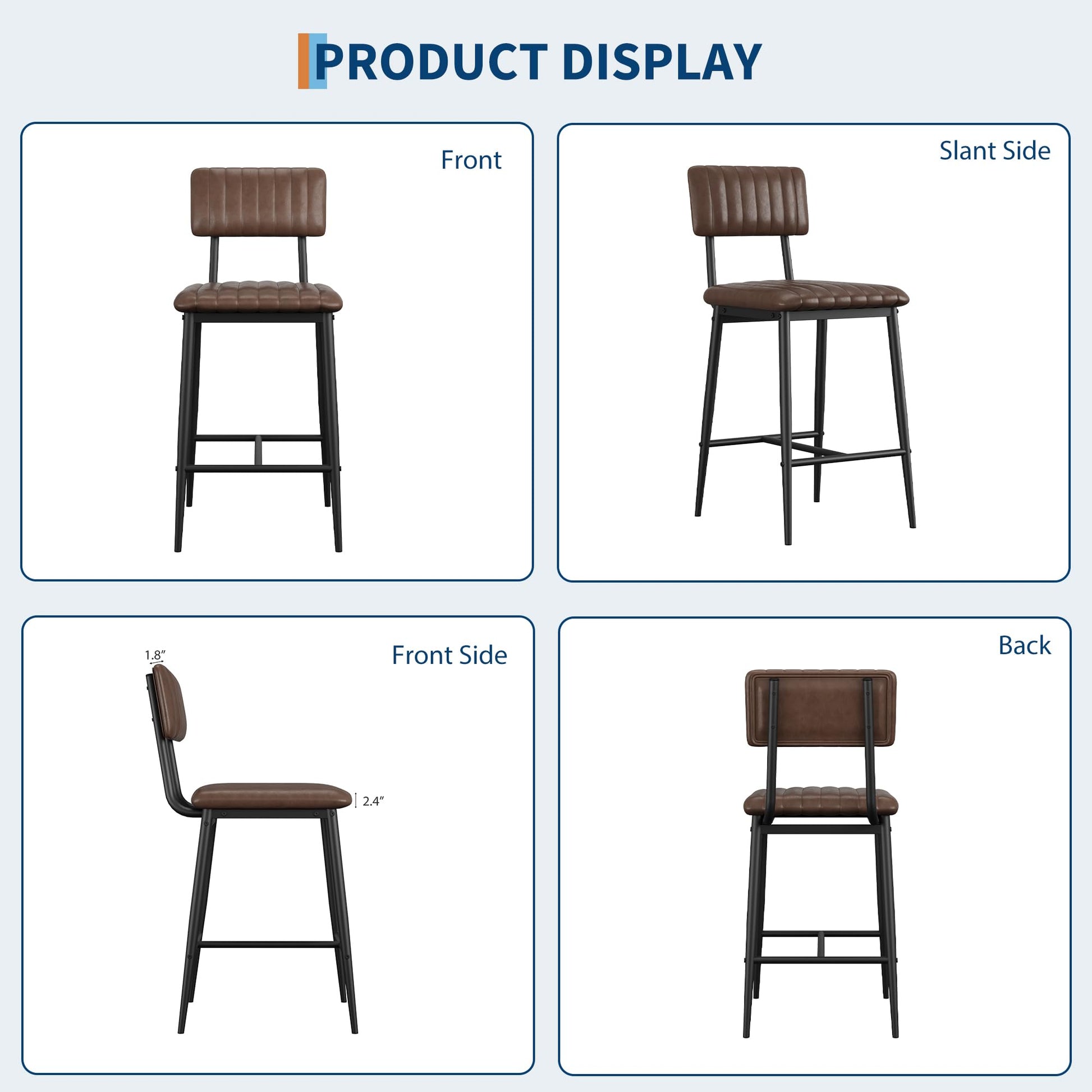 Ensemble de 2 tabourets de bar Garvee, revêtement en similicuir, rembourrage épais, pieds en métal, pour cuisine et îlot central, 65 cm, noir