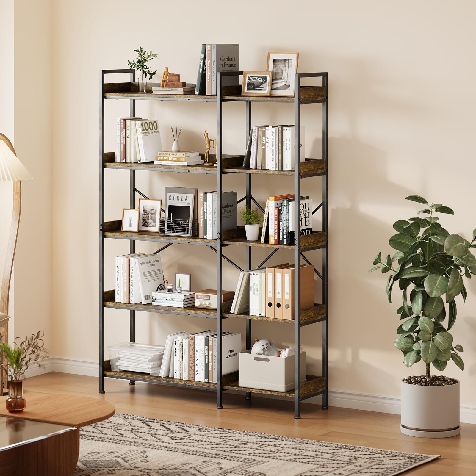 Bibliothèque Garvee Triple à 5 niveaux avec structure en acier, 14 étagères ouvertes, pour salon et bureau, 109 x 25 x 160 cm, noire