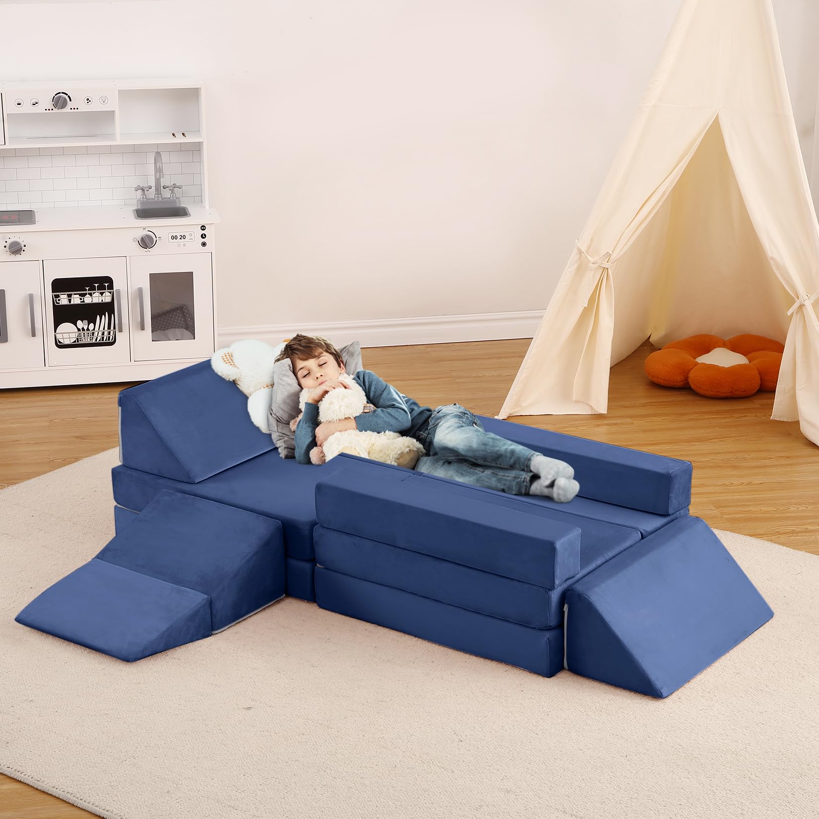 Garvee Canapé modulable enfant type Nugget, 12 pièces multifonctions, sûr et confortable, bleu marine, idéal pour salle de jeux et chambre d’enfant