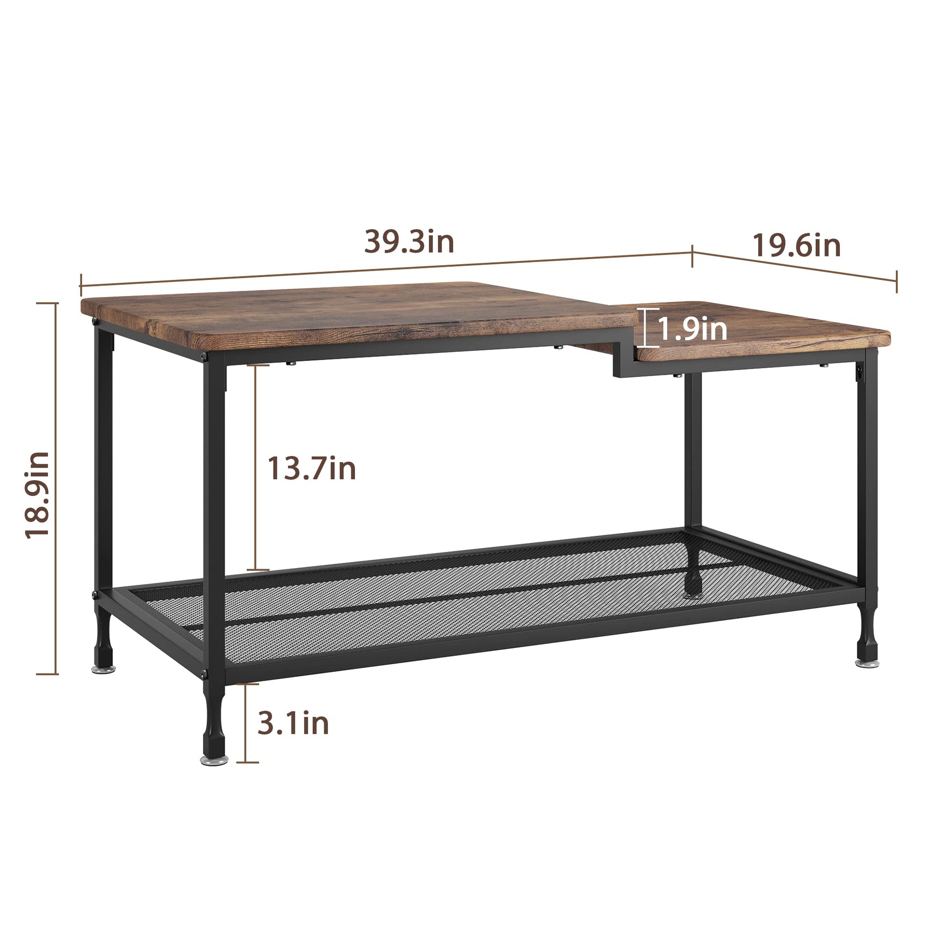 Garvee table basse industrielle, 2 niveaux, structure en métal, étagère en maille, rectangulaire, rustique, marron, salon