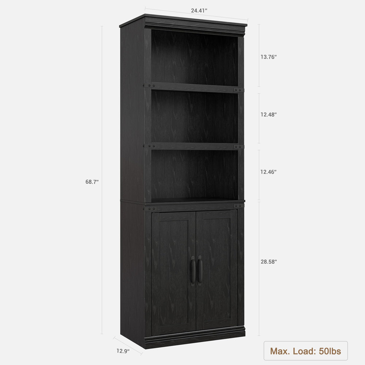 Garvee bibliothèque de style campagne avec portes, 5 niveaux, grand espace de rangement, MDF, salon, bureau, 31 cm (P) × 62 cm (L) × 175 cm (H)
