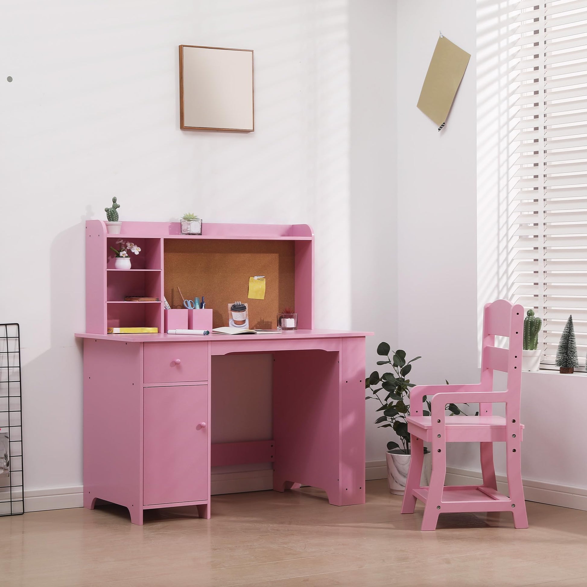 Ensemble bureau enfant Garvee avec étagère et tiroir pour garçons et filles de 3 à 8 ans, en bois rose, pour l'apprentissage et la salle de jeux.