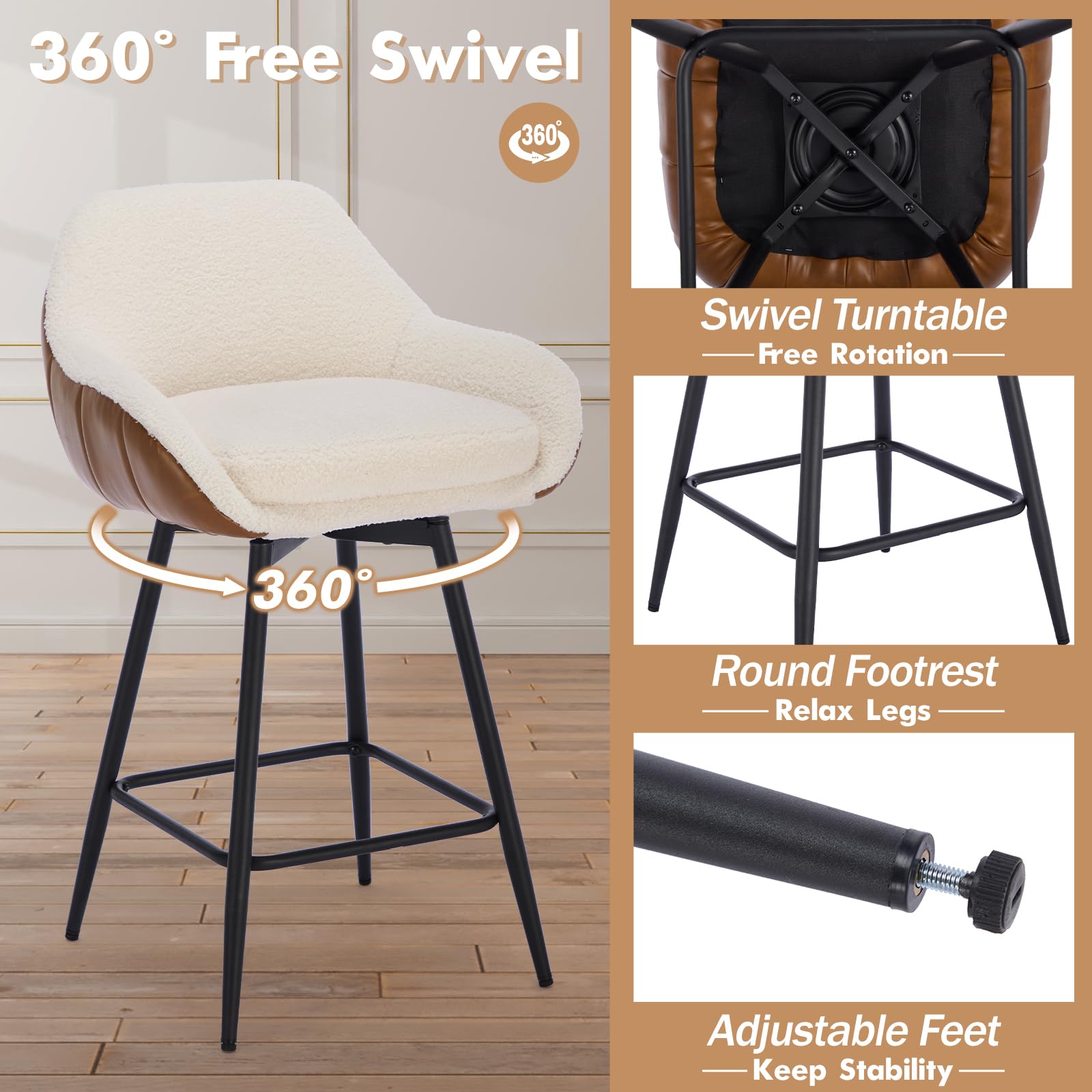Tabourets de bar pivotants modernes Garvee, lot de 2, avec revêtement en tissu sherpa et pieds en métal pour îlot de cuisine, 66 cm, marron et blanc