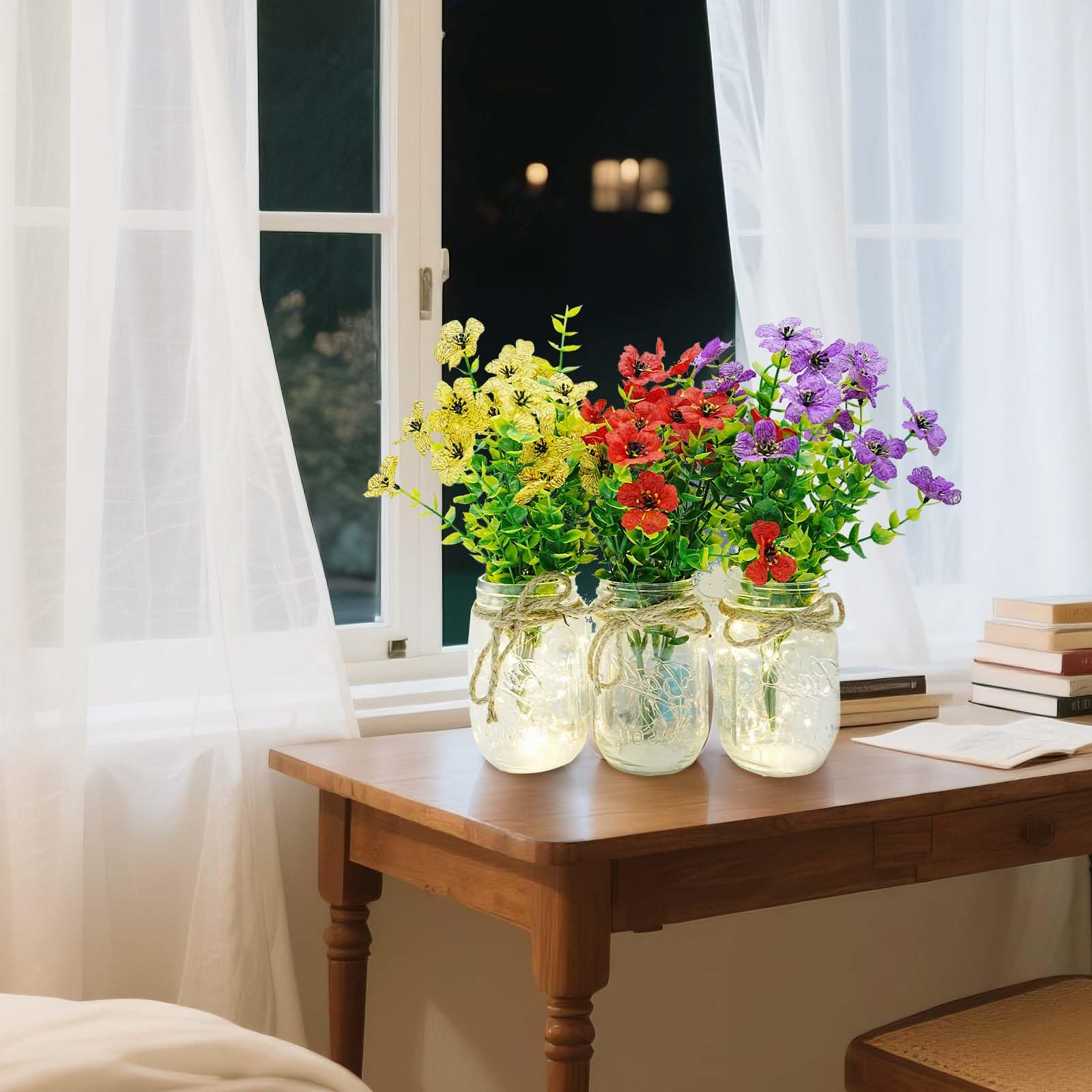 Garvee Ensemble de 6 bocaux Mason décoratifs avec fleurs, lumières LED, verre et ruban de jute pour mariage et fête, 500 ml, transparent