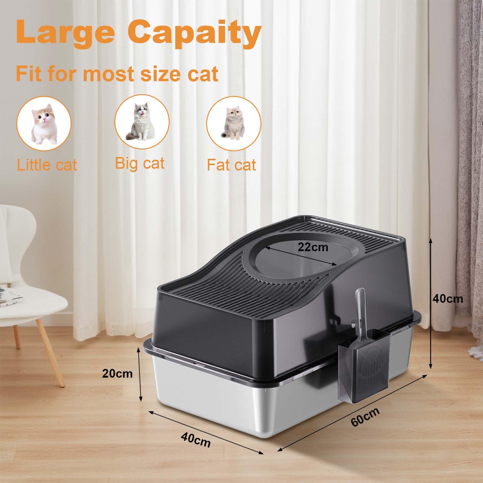 Garvee Bac à litière en acier inoxydable avec couvercle, extra large, bords hauts, inodore, pour chats jusqu'à 15 kg, argent