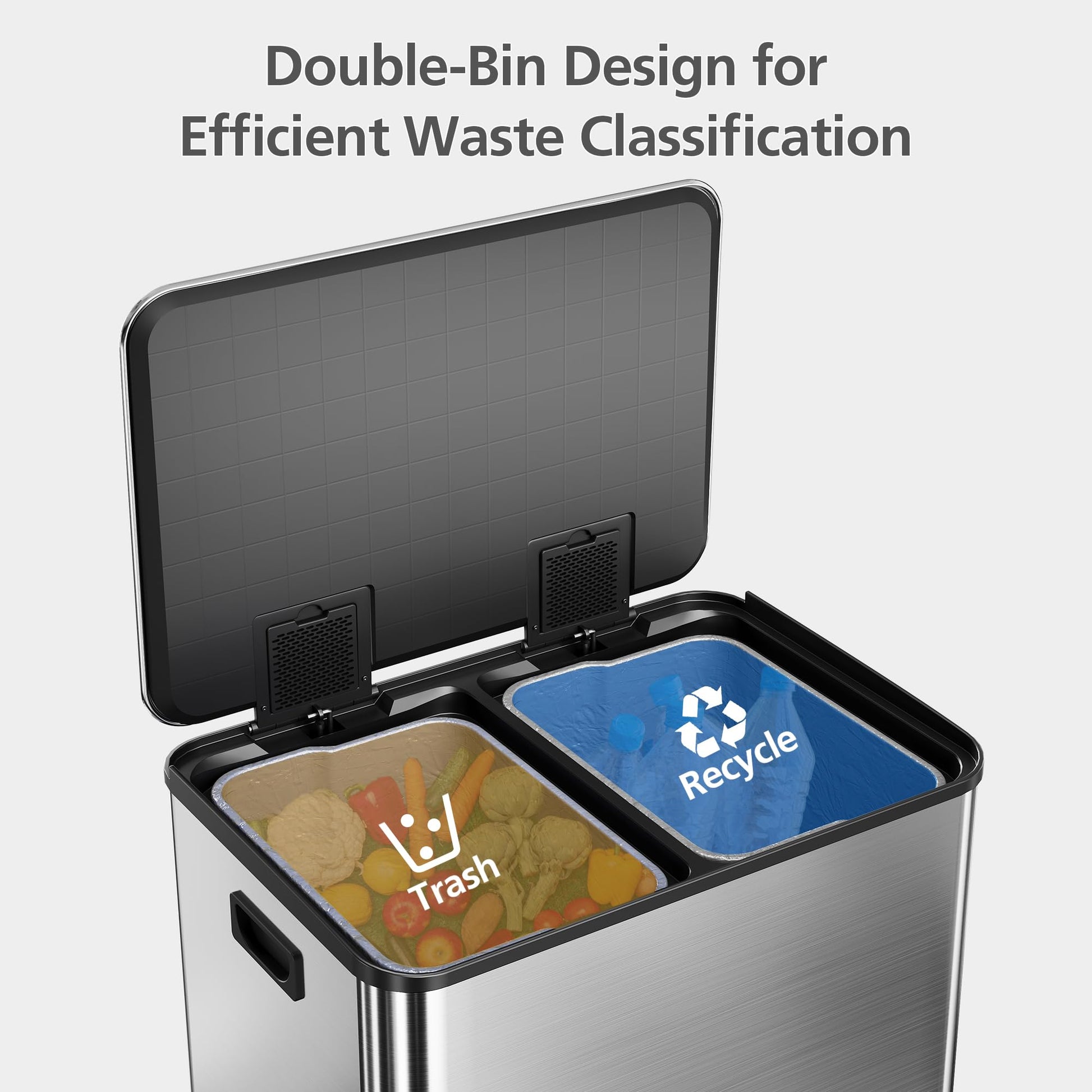 Poubelle Garvee en acier inoxydable, 60 litres, double compartiment, couvercle à fermeture douce, séparation des déchets, cuisine/bureau, 2 x 30 litres, argent