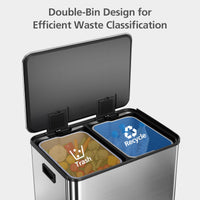 Poubelle Garvee en acier inoxydable, 60 litres, double compartiment, couvercle à fermeture douce, séparation des déchets, cuisine/bureau, 2 x 30 litres, argent