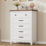 Garvee commode 5 tiroirs bois MDF avec tablette imperméable pour salon et chambre, grand rangement, design chic, base élevée, anti-basculement - Blanc + marron