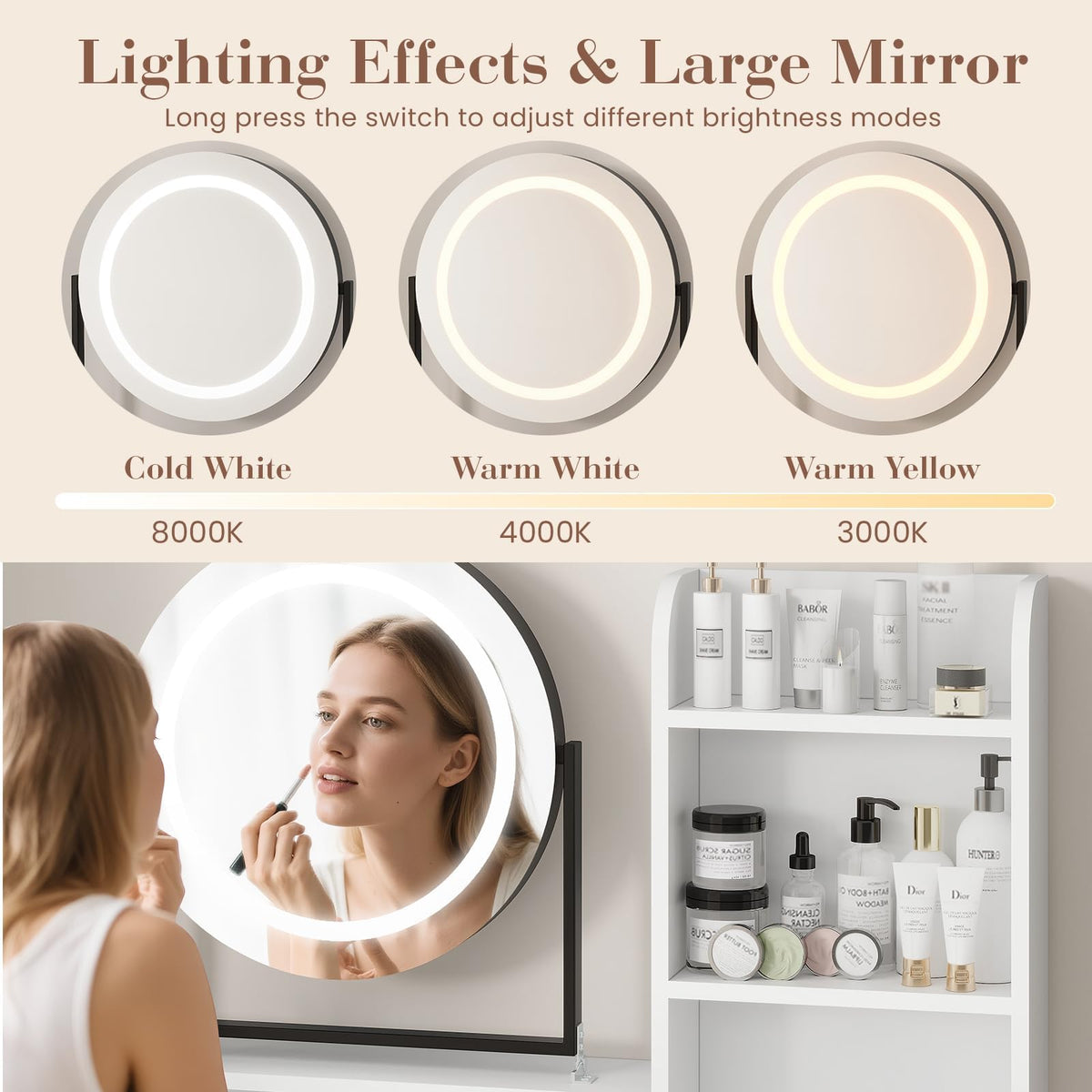 Garvee Grande coiffeuse avec rotation à 360°, éclairage et tabouret pour chambre à coucher, noir et blanc moderne