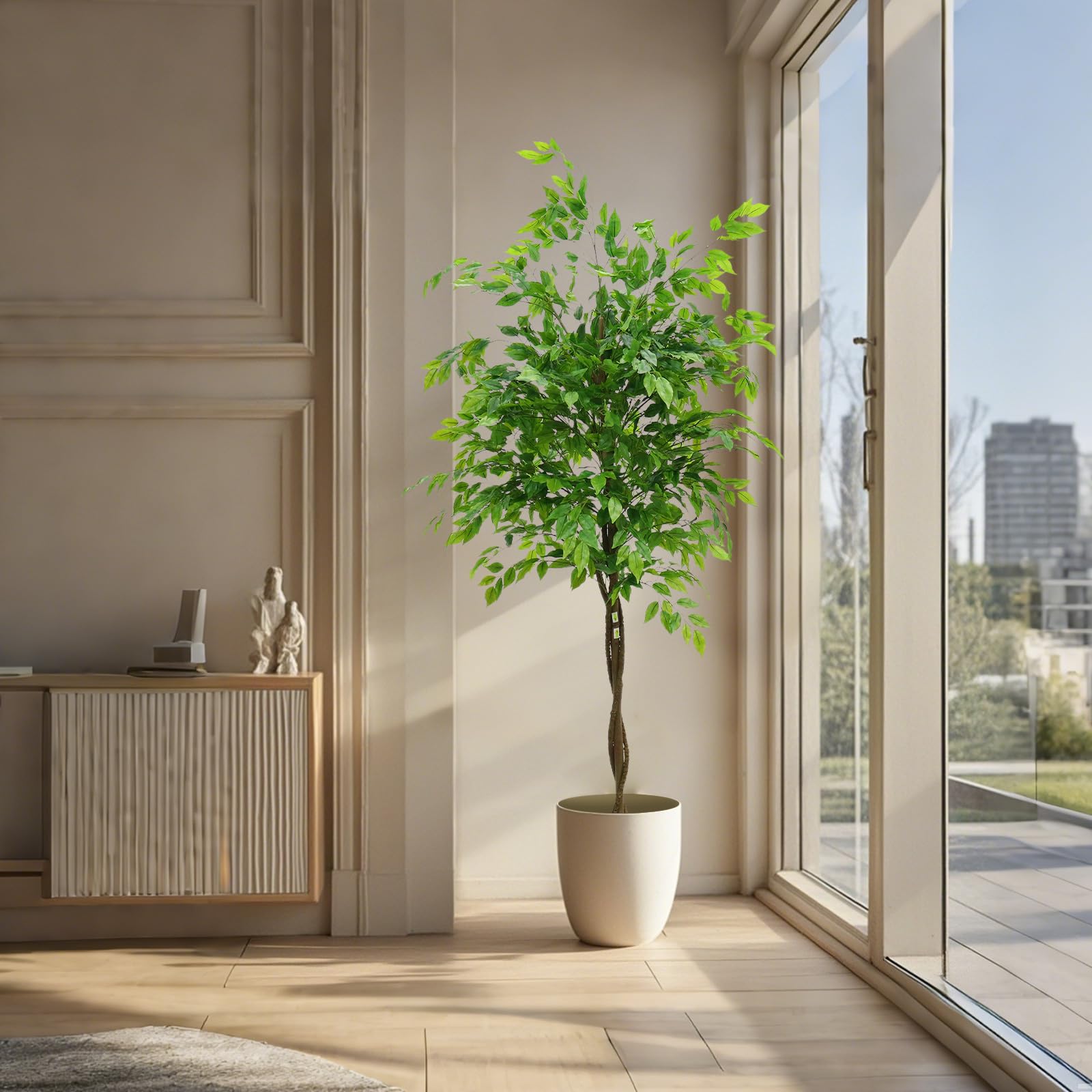 Arbre artificiel d'intérieur Garvee avec feuilles en caoutchouc, tronc naturel, pot stable pour la maison et le bureau, moderne et facile d'entretien.