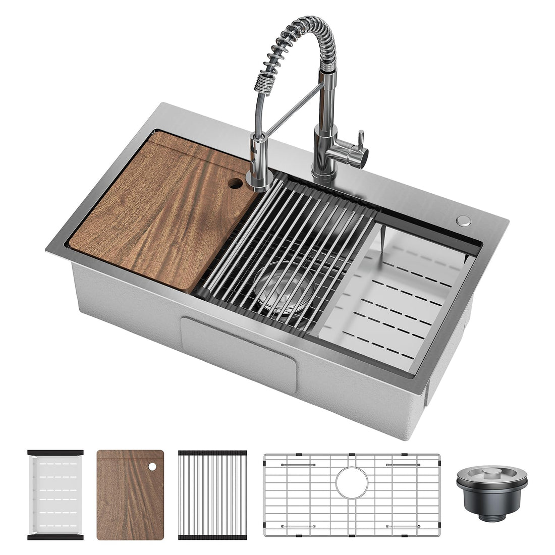 Évier de cuisine encastrable Garvee avec robinet extractible à ressort, cuve unique 30 x 18 x 9 po, acier inoxydable, accessoires inclus, pour plan de travail.