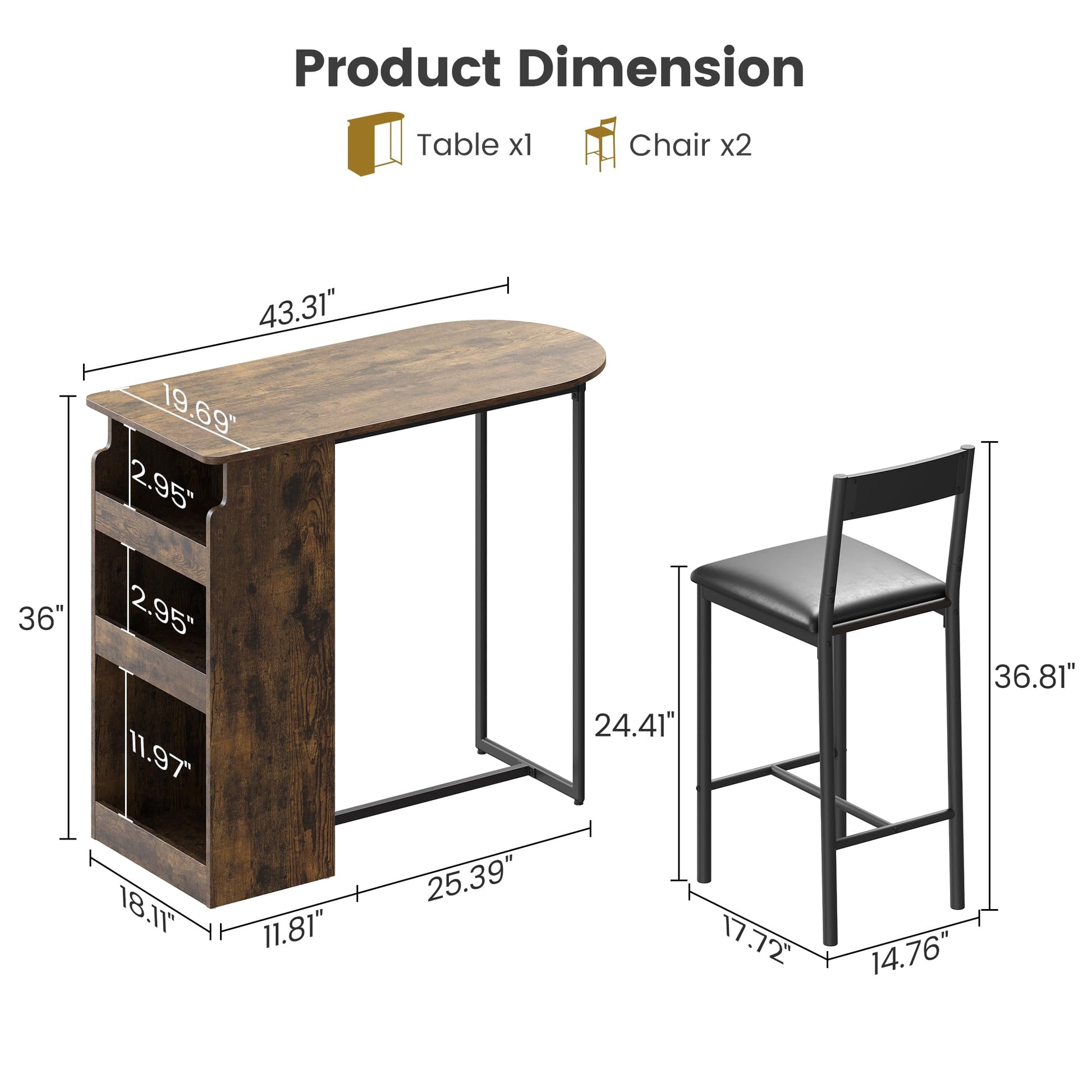 Ensemble table et chaises de bar Garvee avec plateau semi-circulaire rétro, étagère à 3 niveaux, tabourets recouverts de cuir pour la cuisine et le bureau, compact et moderne