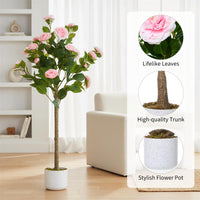 Camélia artificiel Garvee de 1,10 m avec 20 fleurs roses, pot blanc, pour bureau et maison
