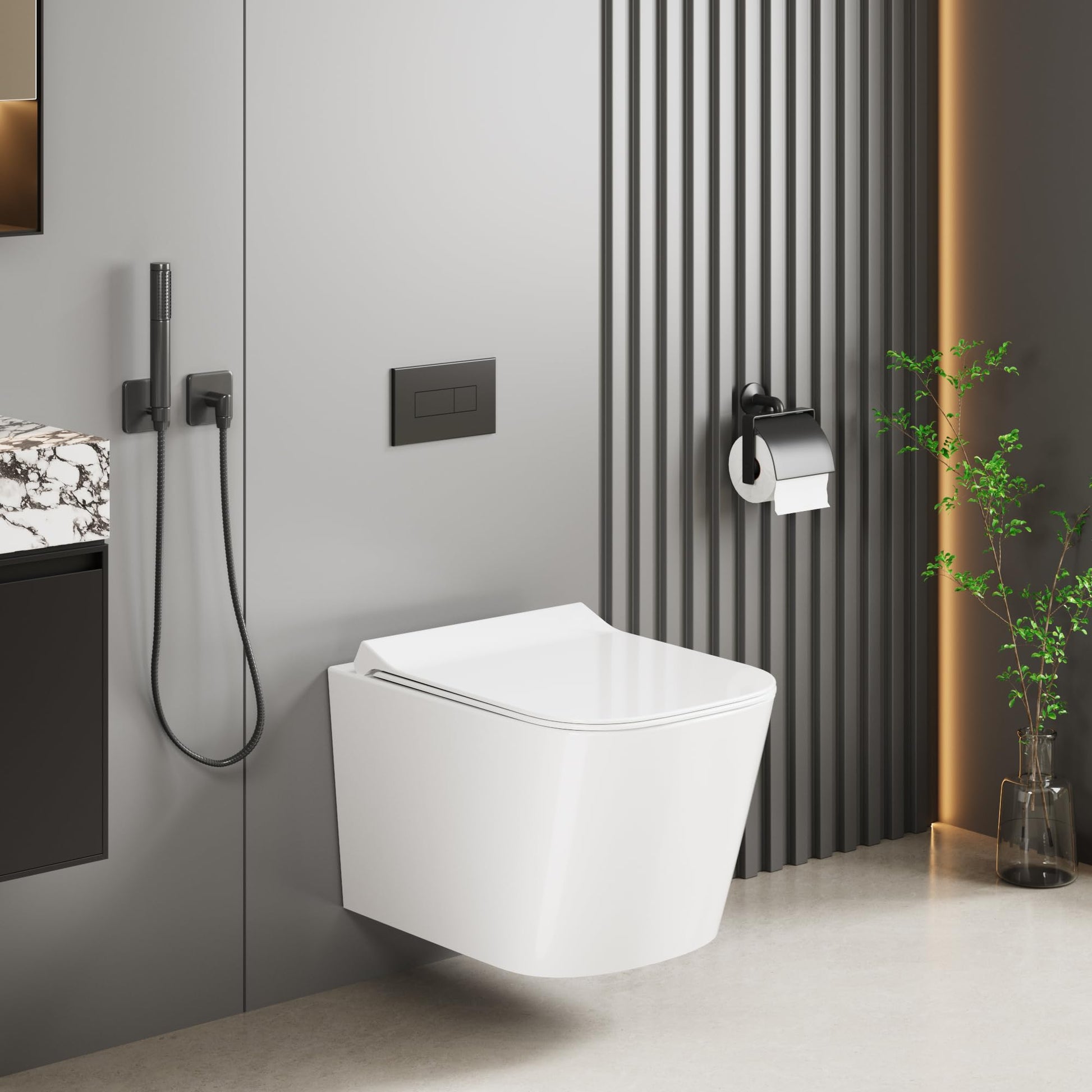 GARVEE WC Sospeso Senza Bordi WC suspendu en céramique forme D 55,5 cm blanc couvercle automatique