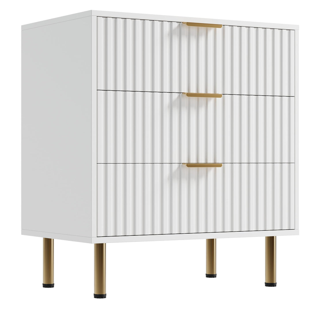 Commode 3 tiroirs blanche flûtée en MDF certifié P2, anti-basculement, tiroirs silencieux, pour chambre et salon