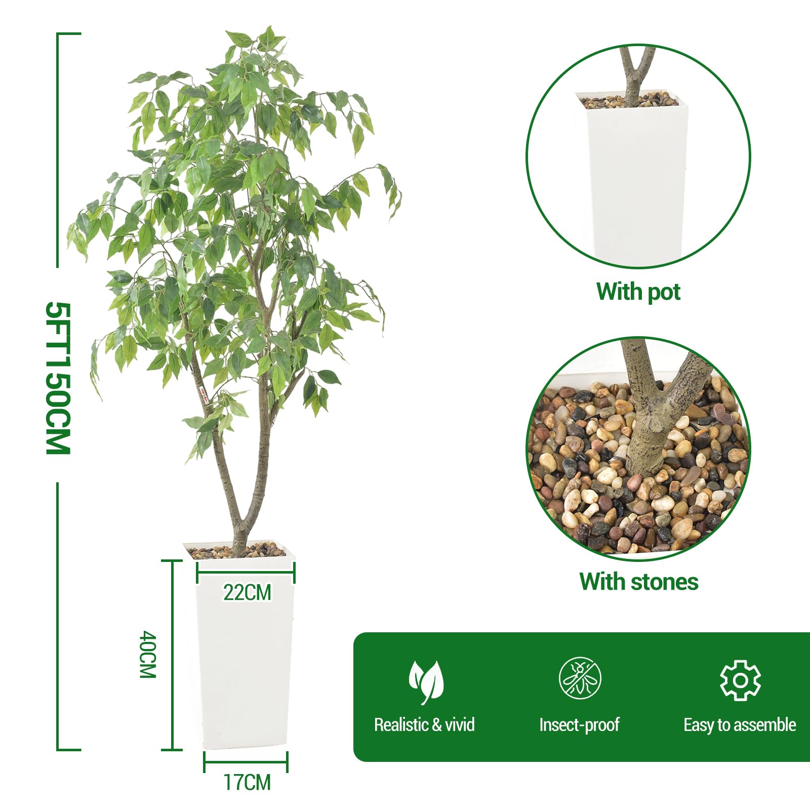 Arbre artificiel d'intérieur Garvee de 1,5 m, facile à nettoyer, durable, design réaliste, décoration polyvalente, vert