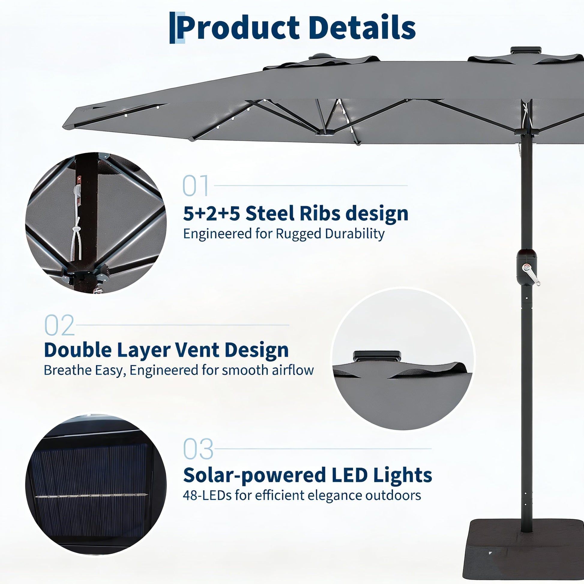 Garvee Parasol Rectangulaire 270 × 450 cm avec Éclairage LED et Recharge Solaire, Base Robuste, pour Terrasse, Jardin, Piscine et Événements, Gris