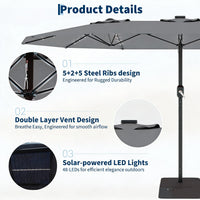 Garvee Parasol Rectangulaire 270 × 450 cm avec Éclairage LED et Recharge Solaire, Base Robuste, pour Terrasse, Jardin, Piscine et Événements, Gris