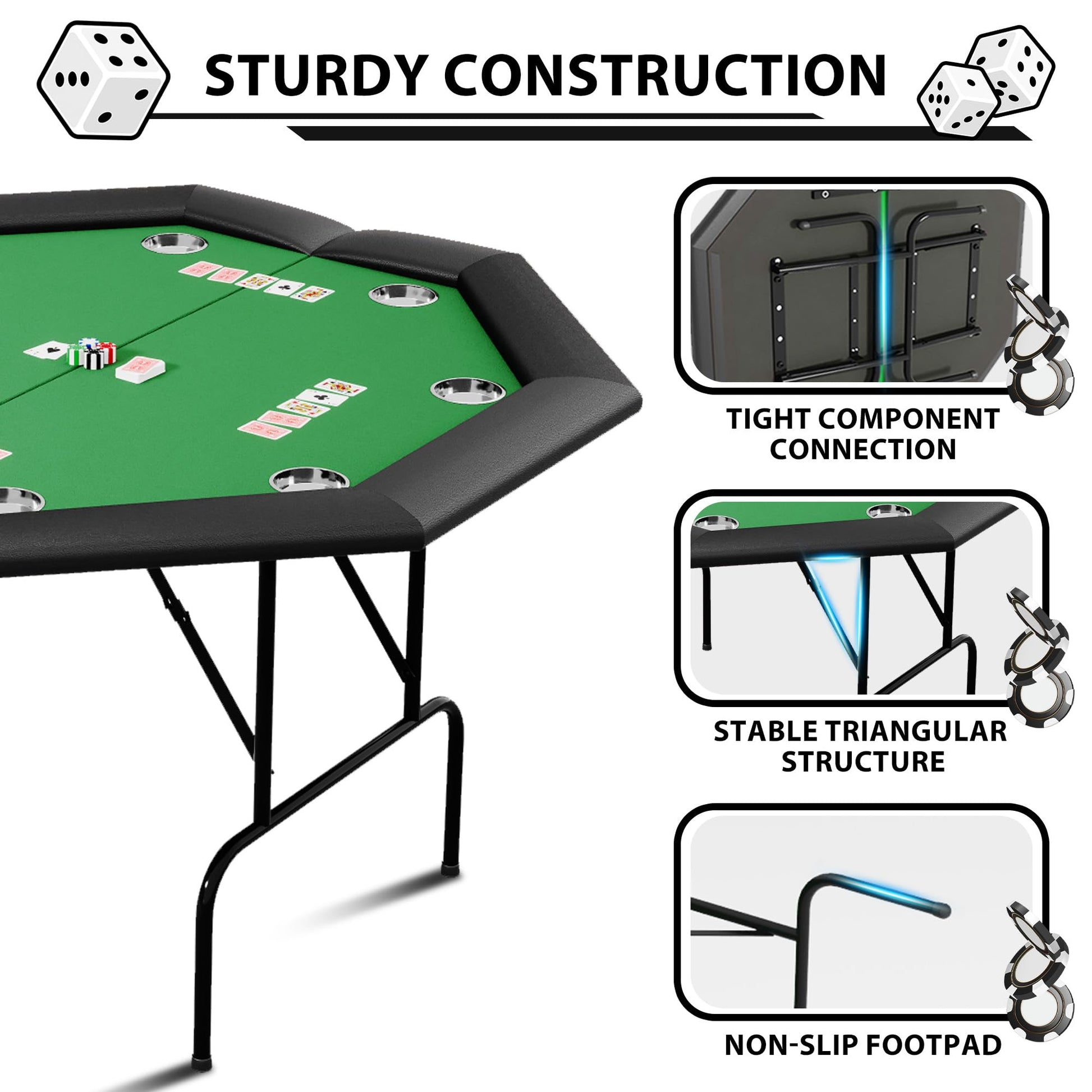 Table de poker octogonale Garvee pour 8 joueurs avec porte-gobelets en acier inoxydable, idéale pour les soirées en famille et les fêtes, 119 cm (47 pouces), verte.