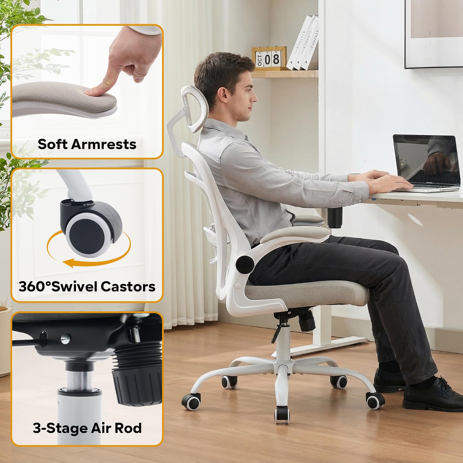 Chaise de bureau ergonomique Garvee avec accoudoirs rabattables, soutien lombaire, structure en métal, idéale pour le bureau et le gaming, hauteur réglable, noire