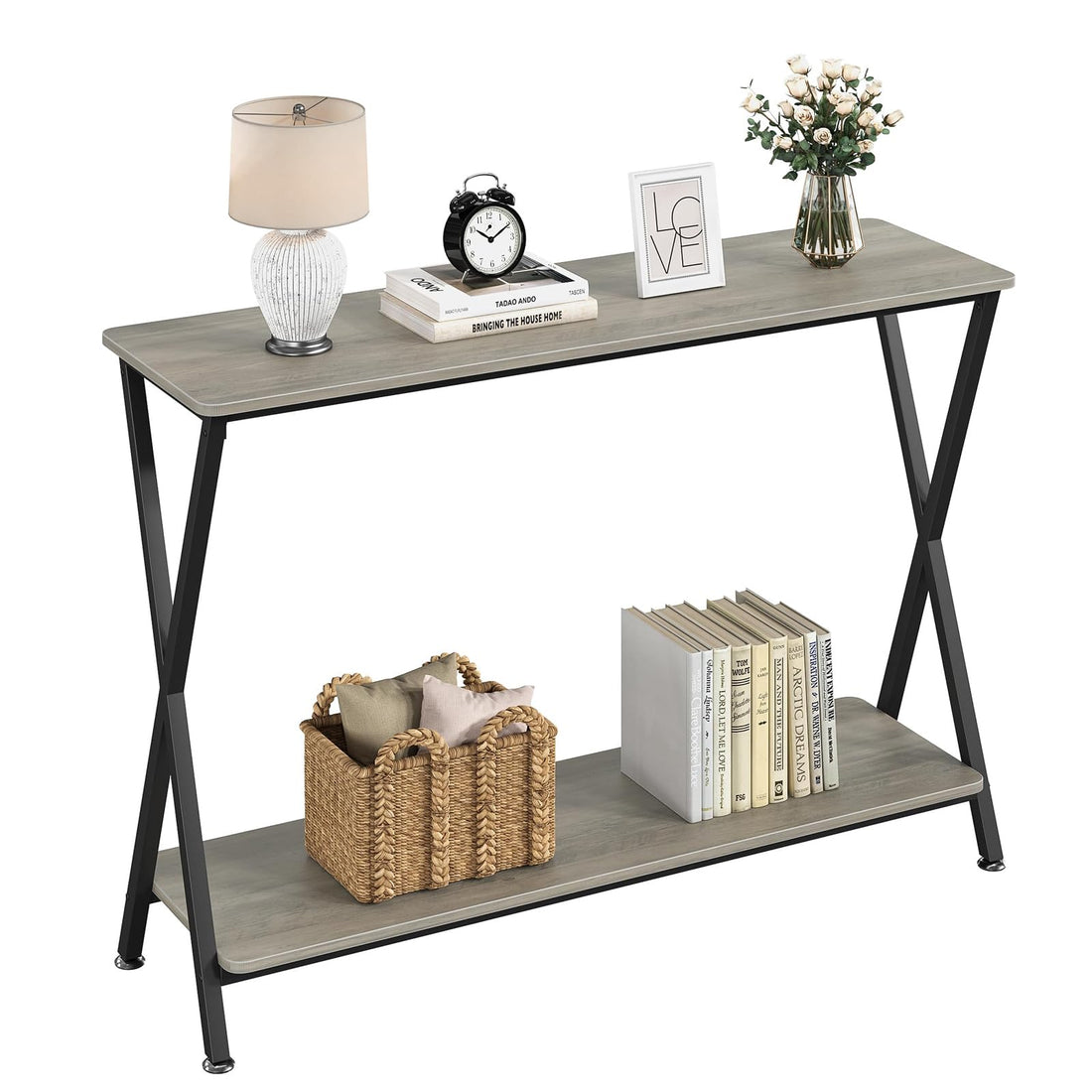 Console Garvee avec étagère, table d'entrée étroite et table basse, design moderne, salon et couloir, gain de place, durable