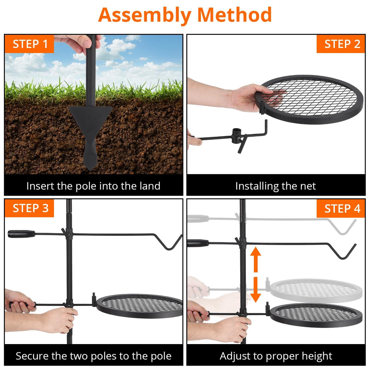Garvee Gril de camping rotatif 360°, hauteur réglable, pliable, maille en acier robuste, portable avec sac de transport pour camping et barbecue